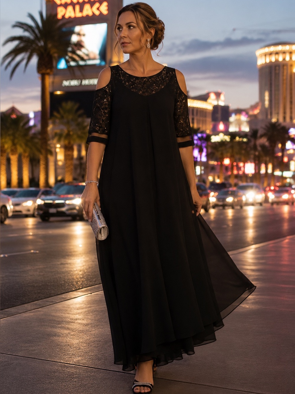 NWOT COLD SHOULDER Black Chiffon Overlay Semi-Formal Dress, 5XL